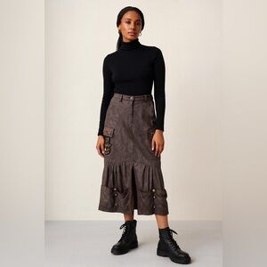 Camelot Italy Brown Cargo Midi Skirt Size S Embellished Utility Boho Grunge